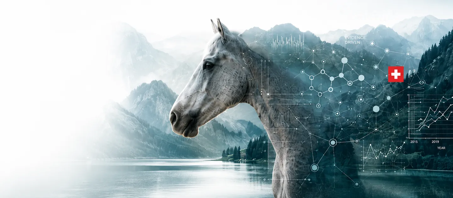Schimmel im Profil vor einem Schweizer Bergsee, überlagert von einem Netz aus Datenpunkten und Kurven.
