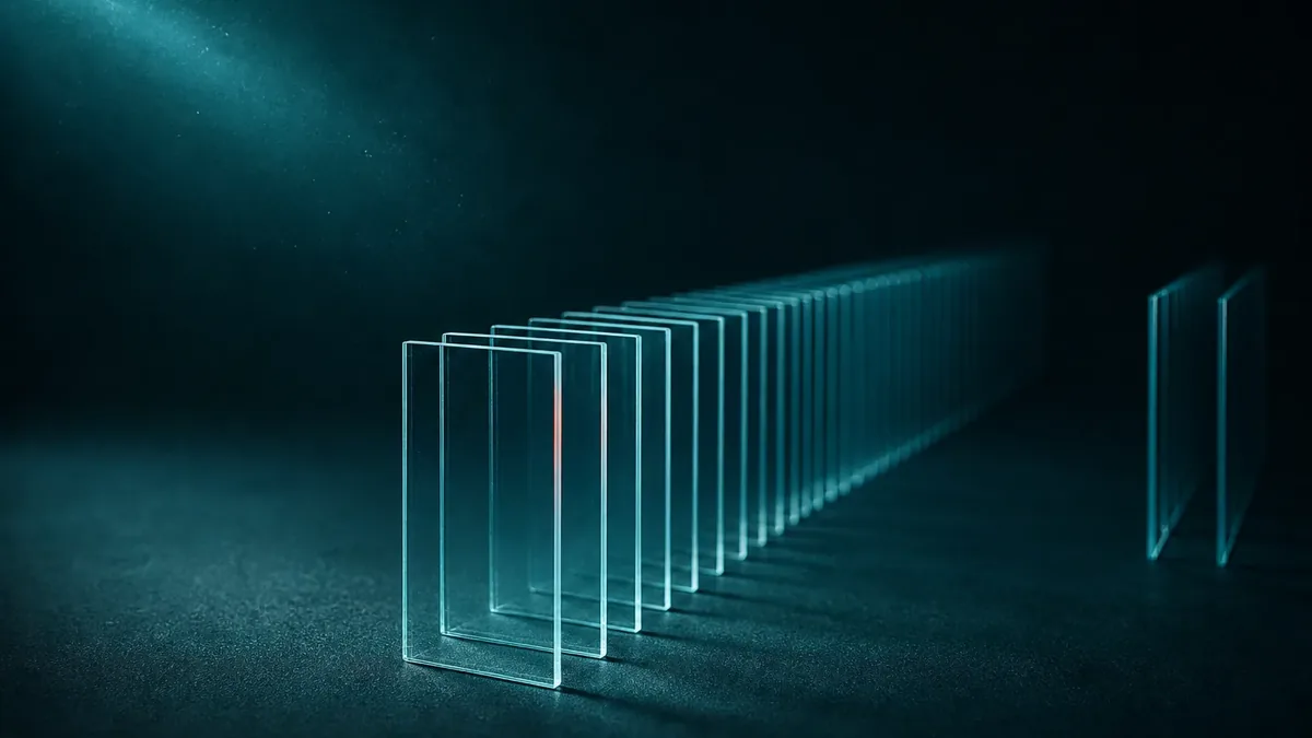 Longue rangée de plaques de verre dressées sur un sol sombre, lumière turquoise venue d'en haut à gauche, deux plaques isolées à droite.