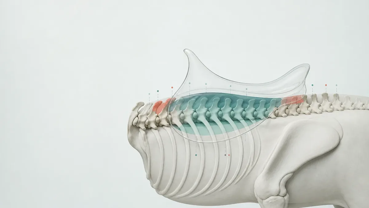 Helles 3D-Skelettmodell von Rippen und Brustwirbeln im Profil, darüber eine durchsichtige Sattelform mit türkiser Auflagefläche und roten Randzonen.