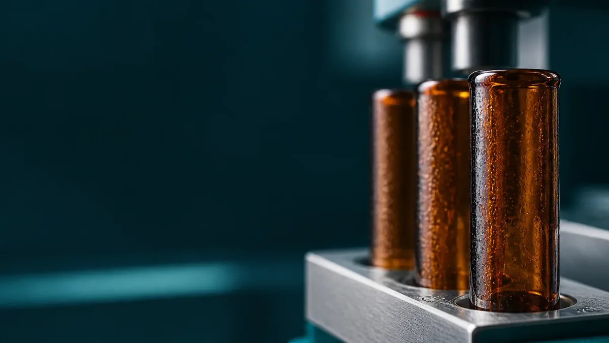 Trois tubes en verre ambré couverts de condensation dans un portoir en acier, lumière latérale douce, fond bleu-vert sombre.