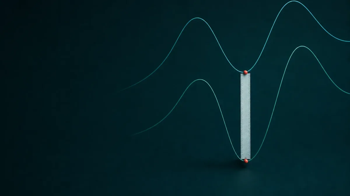 Minimalistische 3D-Szene: zwei dünne türkise Wellenlinien und ein weisses Lineal zwischen zwei kleinen roten Kugeln, dunkler Grund.
