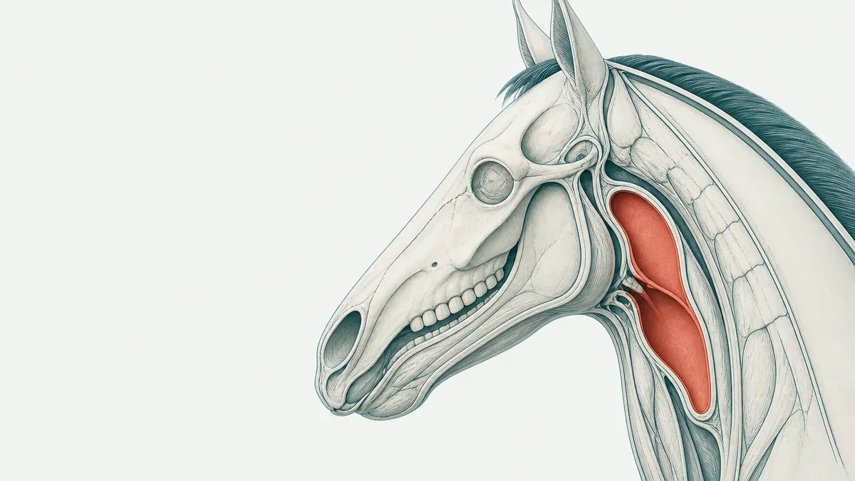 Fine-line anatomical drawing of a horse's head in profile, with two red-tinted cavities set behind the lower jaw.